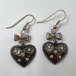Pierced Earrings Heart Bow Women French Wire Silver Black Rhinestone